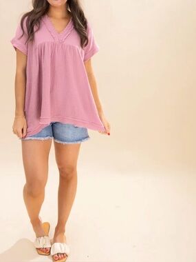 Zenana Pink washed Double Gauze Raw Edge V-neck Babydoll Top Cap Sleeve Size Med